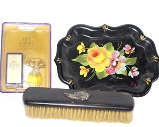 Vintage Vanity Items Hand Painted Metal Tray, Horse Hair Brush, NOS Elizabeth Taylor White Diamond Perfume
