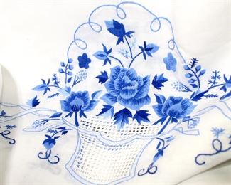 Gorgeous New Old Stock White Linen Open Work Lacing Blue Floral Embroidery Work, Stunning! 75” x 56” Oblong, Sheer White Applique Lacing Valences