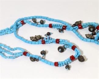 Vintage Turquoise Beads with Multiple Bohemian Charms Longer Length Necklace
