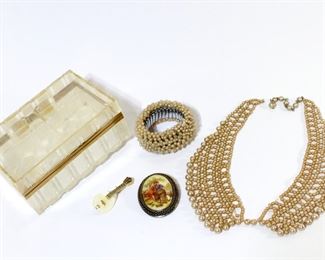 Antique Baroque LOT of Jewelry Seed Pearl Collar Necklace, Bracelet, Lucite Box, Hand Painted Bavarian Scene Brooch, MOP Mandolin Pin. WOW