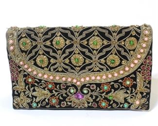 Amazing Vintage Silver Thread Embroidery / Embellishments Black Velvet Hand Bag