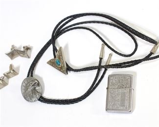 Vintage ZIPPO Lighter, 2 Silver, Turquoise Bolo Ties, 2 Pair Silver Cuff Links LOT