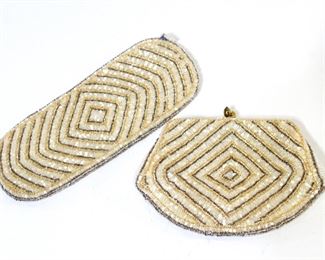 Exquisite Craftsmanship, Tiny Mother of Pearl Seed Beads w/ Silver and Gold Glass Micro Beading Made in Belgium for Rosenfeld High Society Coin Purse & Glasses Case 