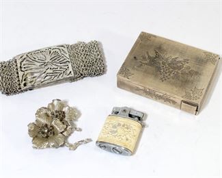 Vintage Small Ladies Lighter, Silver Compact Powder Case, Rhinestone Brooch Bracelet