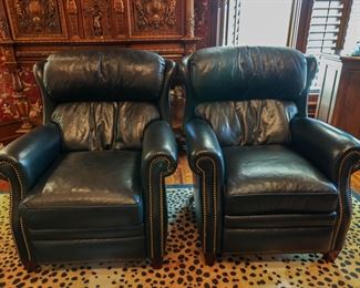 Pair of Perth Bustle Back Leather Loungers (Recliners) $2600 each or $5000 for the pair 41"H x 34"W x 40"D Inside: 20"W x 19"D Seat Height- 20" Arm Height 26" Distance from wall to fully recline- 19.5"