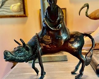 Chinese Patinated Bronze of Lohan on an Ox