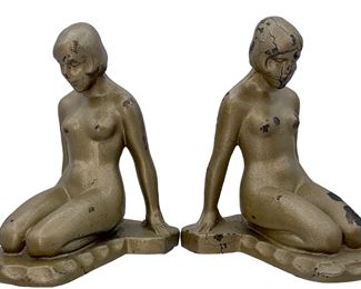 Lovely pair of cast metal Art Deco era Nude Bookend Sculptures 