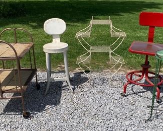 Mid Century Stools, Chairs, folding cart & wire stand 