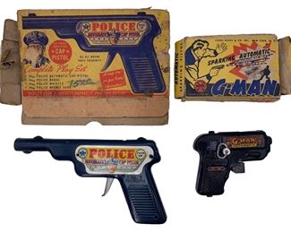 Vintage Metal Police & G Man tin litho toy guns 