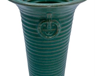 Fine Arts & Crafts Peters & Reed Semi matte ribbed green 8” Vase 