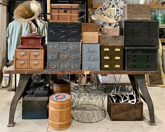 Early wooden tool boxes, Metal multi drawer cabinets, miniature antique child trunks, advertising boxes