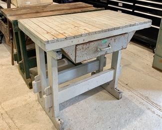 Mission pegged miniature sized work bench, wood top table with metal storage drawer, 40” x 22” x 32” height 