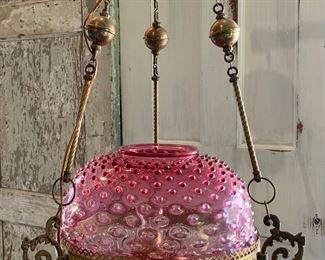 Early Electrified ombré Cranberry Hobnail shade with Crystal prism parlor ceiling lamp 