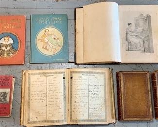 Antique to Vintage books: Hide covered Bible c1790s family records, Early 19th century music book, 1920s children’s books, 1912 Titanic, 1880s Dr. Chase Household Physician Medical Book, 1900 Galveston Disaster, Mein Kampf, 1880 Walter Scott Bart Poetical Works, 1874 German Bible, The Berlitz Self-teacher German 