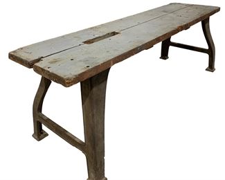 Superb industrial leg table with 2” thick gray wood top, 7’ 2” x 22 1/2” x 29”