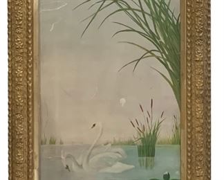 4’ x 2’ Antique Swan oil painting in gilded gesso frame 