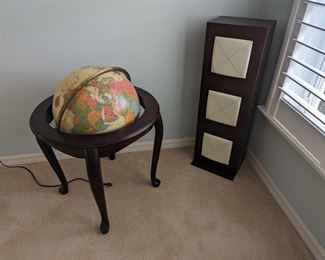 Lighted globe on stand, decorative stand with padded leather squares