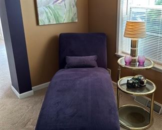 Purple Chaise Lounge ,
3 Tier Brass/Glass Side Table 