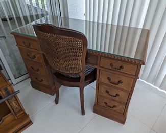Writing desk w/glass top and caned back chair
