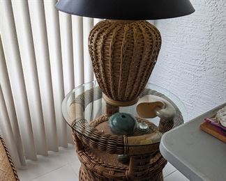 Wicker lamp on wicker end table (set includes inc. sofa, chair, coffee table, and end table)