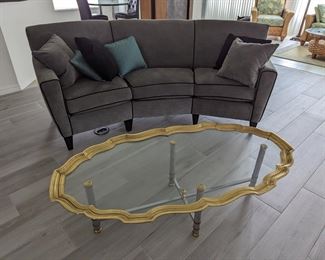 Flexsteel conversation sofa, glass top coffee table w/gold rim