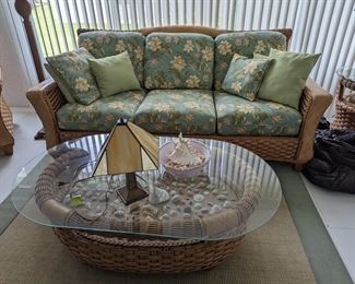 Wicker lanai sofa and coffee table  (set includes inc. sofa, chair, coffee table, and end table)
