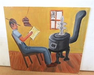 painting of folk art man and wood stove