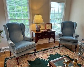 blue velour wing back chairs and Bassett Queen Anne style petite credenza