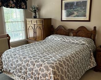 queen bedroom suite: headboard, 2 armoires, end table, low dresser and night stand