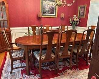 Ethan Allen dining table suite with 8 chairs, sideboard, and two-piece China cabinet