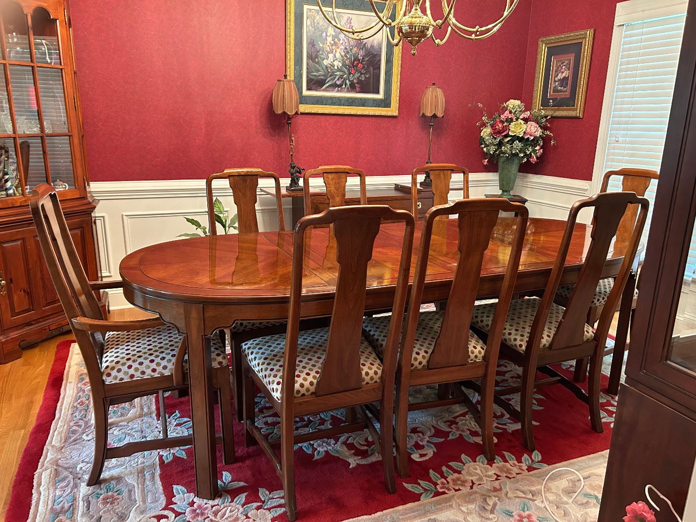 Ethan Allen dining table suite with 8 chairs, sideboard, and two-piece China cabinet