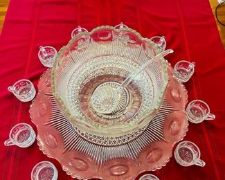 Glass punch bowl set with platter, 12 cups, ladle and bowl