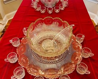 Glass punch bowl set with platter, 12 cups, ladle and bowl
