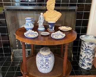Oval side table w/cane shelf