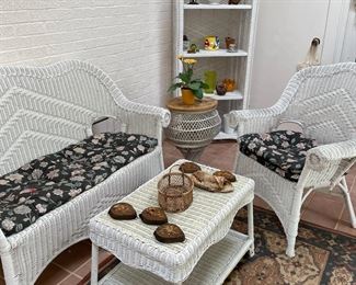 Wicker settee, chair, coffee table
