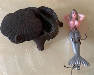 1940's mermaid fishing lure, cast iron box