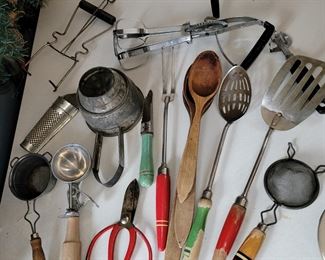 Vtg and antique kitchen utensils many with wooden handles