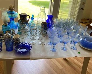 Vintage Blue Glasses, Dishes, Vases Pitchers
