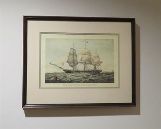 One of several antique prints depicting ships and/or lighthouses