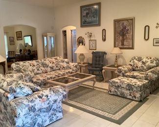 Floral furniture set: sofa, love seat, oversized club chair w/ottoman, coffee table, 3 end tables, and sofa table. Individually priced - see next pics.