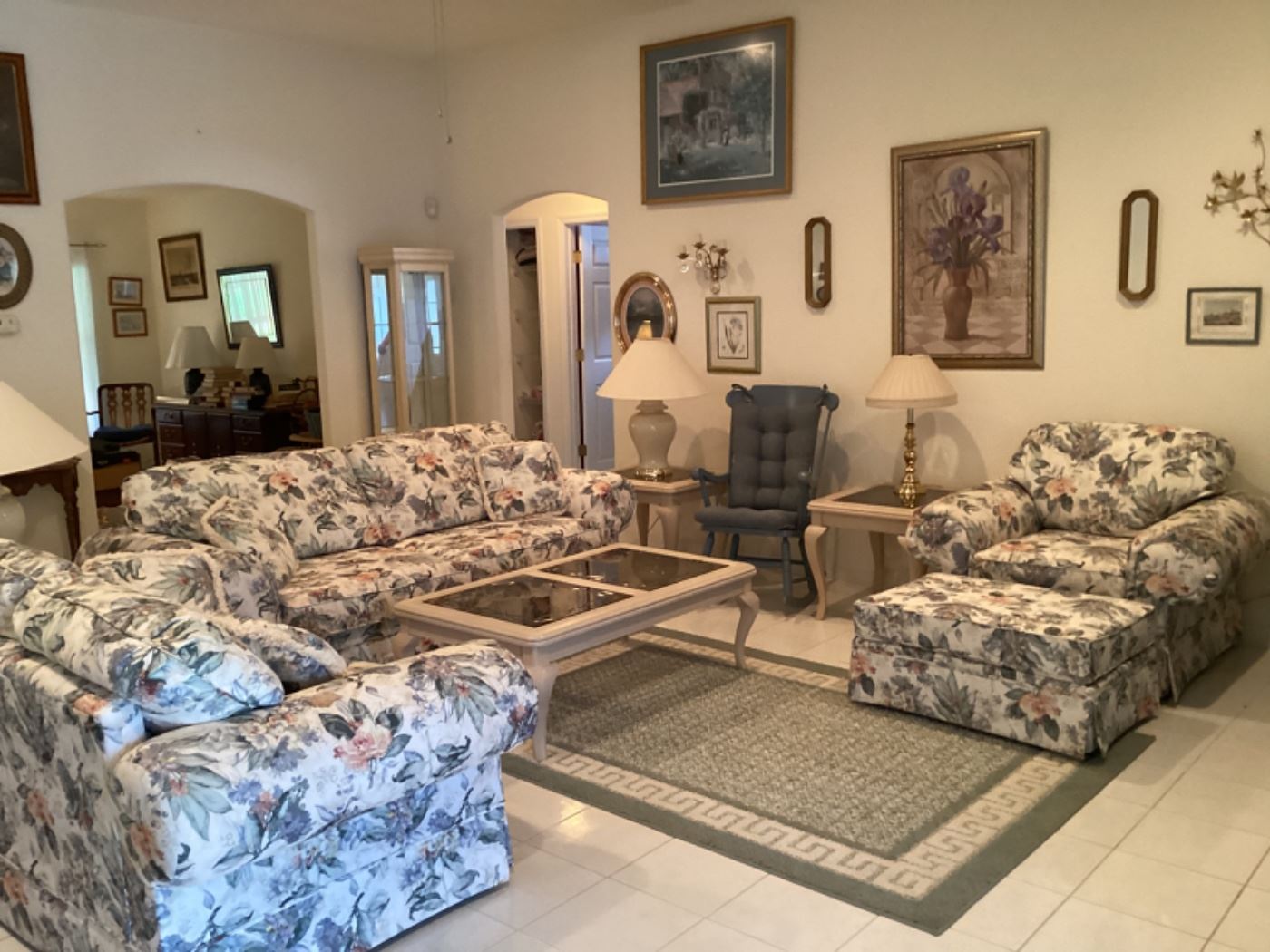 Floral furniture set: sofa, love seat, oversized club chair w/ottoman, coffee table, 3 end tables, and sofa table. Individually priced - see next pics.