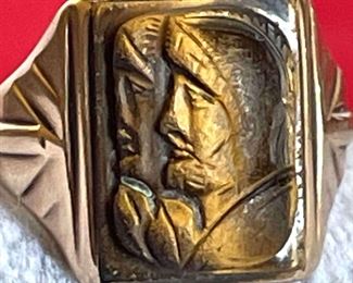 10kt Gold Mens Ring Carved Tigers Eye Stone