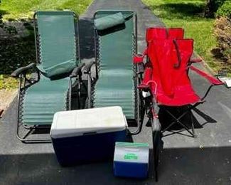 013 Beach Chairs, 2 Camping Chairs, 2 Coolers