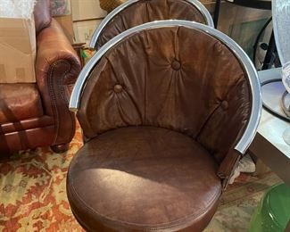 Pair of Chrome and Leather Bar/Counter Stools - Swivel