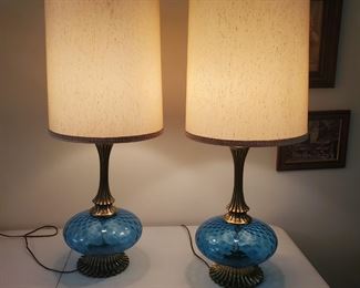 Pristine MCM Glass globe base lamps with original shades.