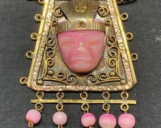 Gold Tn Pink Tourmaline Tribal Pendant Necklace
