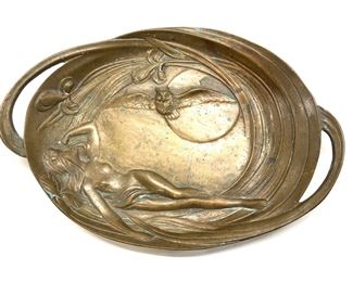 Antique BRONZE ART NOUVEAU Fairy Owl Tray, France
