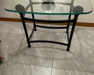 Glass top lamp table with decorative metal base, excellent condition.