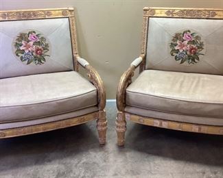PAIR OF CHAIR & A HALF w SUEDE UPHOLSTER, NEEDLEPOINT INSETS, 