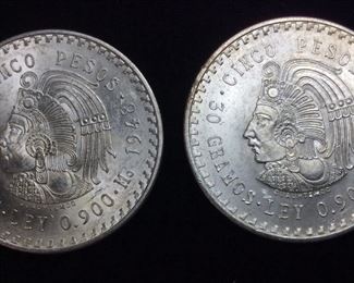 (2) 1948 SILVER MEXICAN 5peso 1oz COINS
